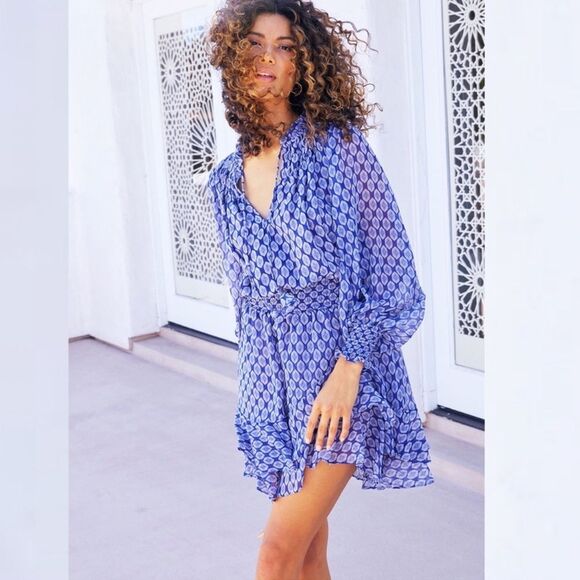 Misa Los Angeles Almaha Blouson Minidress Size S Majorelle Lapis Tile - Picture 4 of 16